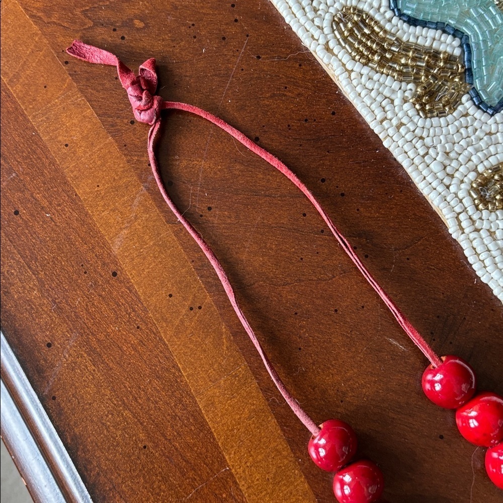 Vintage Red & Silver Tone Beaded Long Necklace Leather Cord Abstract Ceramic - Picture 8 of 15